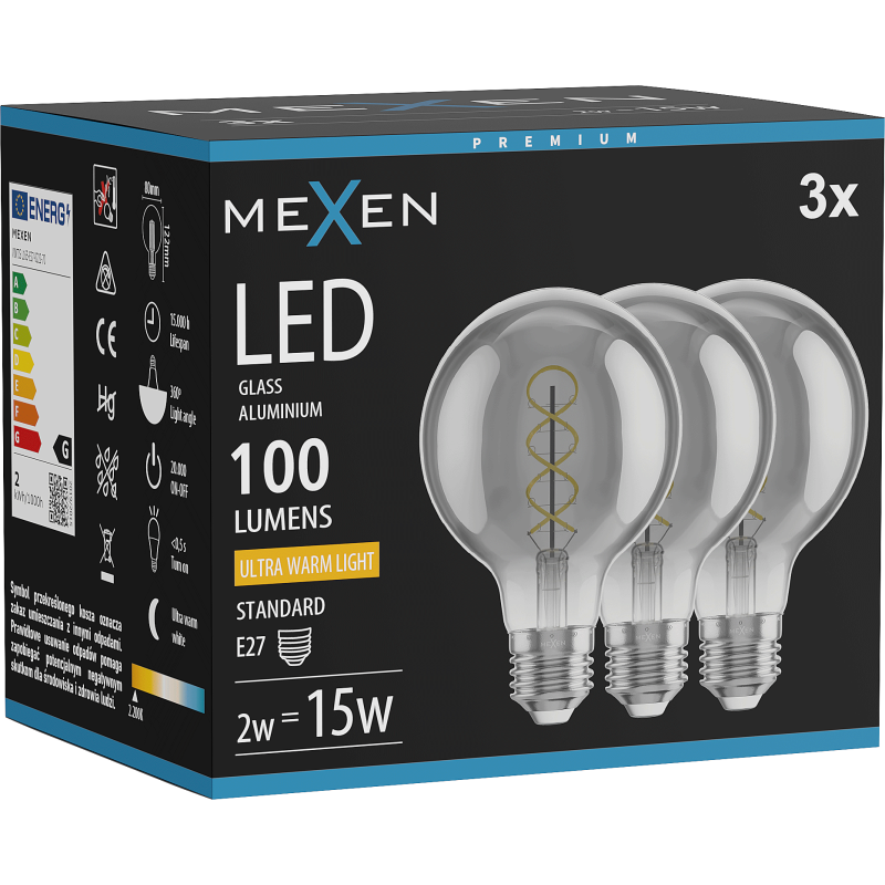 Mexen Vintis 3x LED izzószál spirál izzó E27, G80, 2W, Meleg - 2200K, 100 lm, füstös - L165-E27-0222-70x03