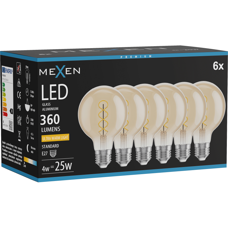 Mexen Vintis 6x Bec Filament Spiral LED E27, G80, 4W, Cald - 2200K, 360 lm, chihlimbar - L165-E27-0422-50x06