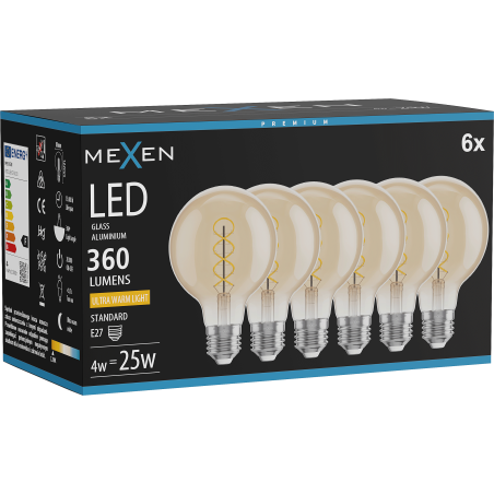 Mexen Vintis 6x LED filament spirál izzó E27, G80, 4W, Meleg - 2200K, 360 lm, borostyán - L165-E27-0422-50x06