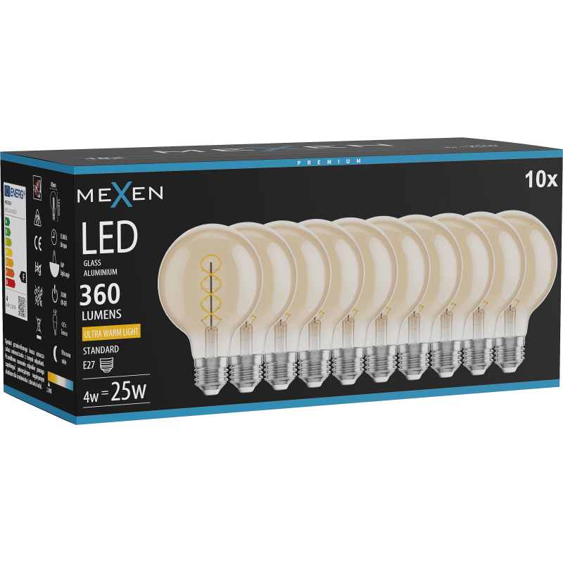 Mexen Vintis 10x LED filament spirál égő E27, G80, 4W, Meleg - 2200K, 360 lm, borostyán - L165-E27-0422-50x10