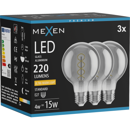 Mexen Vintis 3x LED Filament Spirál Izzó E27, G80, 4W, Meleg - 2200K, 220 lm, füstszínű - L165-E27-0422-70x03