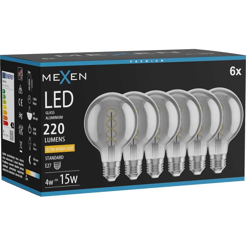 Mexen Vintis 6x LED filament spirál izzó E27, G80, 4W, Meleg - 2200K, 220 lm, füstös - L165-E27-0422-70x06