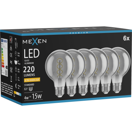 Mexen Vintis 6x LED filament spirál izzó E27, G80, 4W, Meleg - 2200K, 220 lm, füstös - L165-E27-0422-70x06