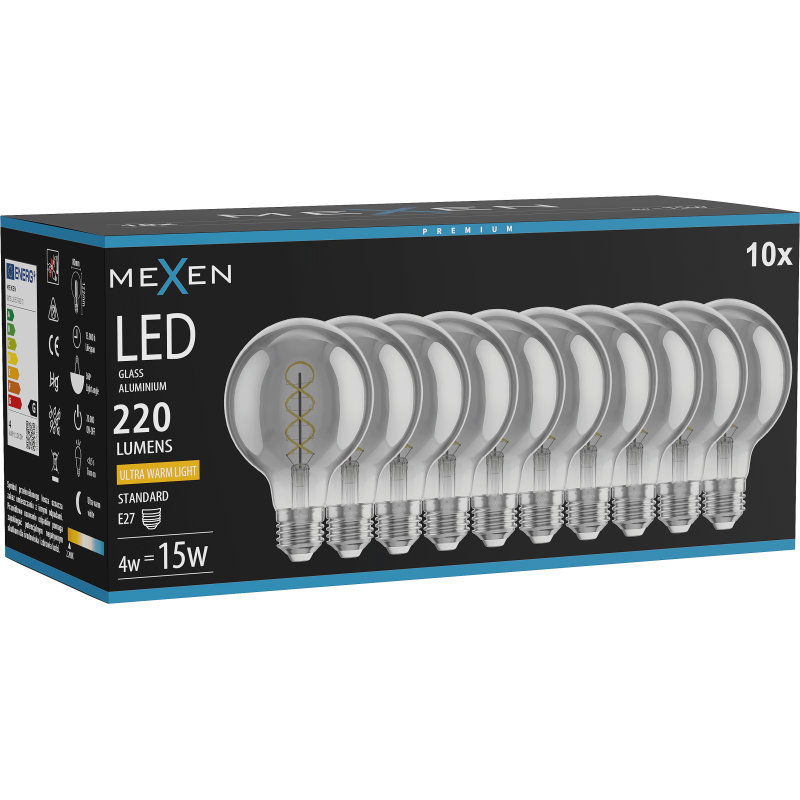 Mexen Vintis 10x Bec cu filament spirală LED E27, G80, 4W, Caldă - 2200K, 220 lm, fum - L165-E27-0422-70x10