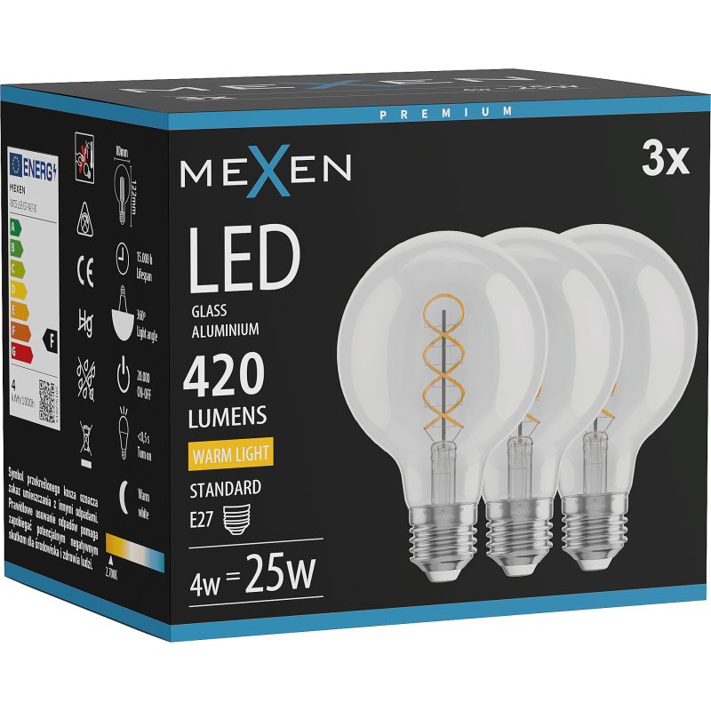 Mexen Vintis 3x LED spirál fényt kibocsátó izzó E27, G80, 4W, Meleg - 2700K, 420 lm, átlátszó - L165-E27-0427-00x03