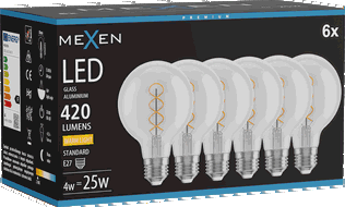 Mexen Vintis 6x Bec filament spiral LED E27, G80, 4W, Caldă - 2700K, 420 lm, clar - L165-E27-0427-00x06