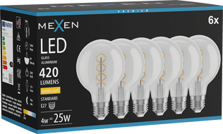 Mexen Vintis 6x Filament spirál LED izzó E27, G80, 4W, Meleg - 2700K, 420 lm, átlátszó - L165-E27-0427-00x06