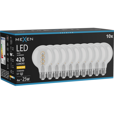 Mexen Vintis 10x LED filament spirál izzó E27, G80, 4W, Meleg - 2700K, 420 lm, átlátszó - L165-E27-0427-00x10