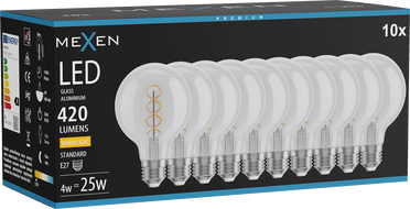 Mexen Vintis 10x LED filament spirál izzó E27, G80, 4W, Meleg - 2700K, 420 lm, átlátszó - L165-E27-0427-00x10