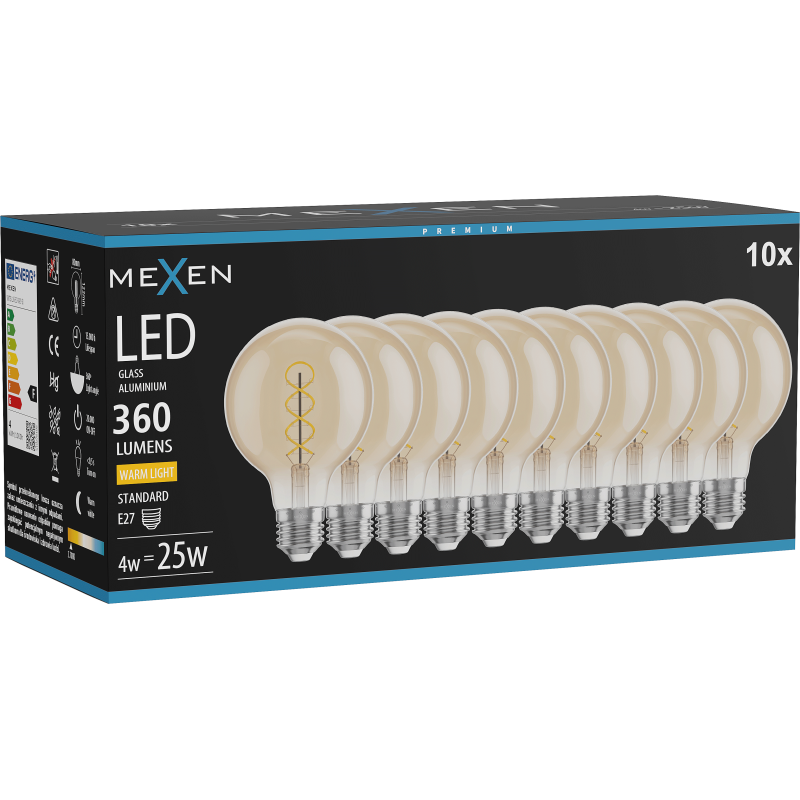 Mexen Vintis 10x Bec cu filament spiral LED E27, G80, 4W, Cald - 2700K, 360 lm, chihlimbar - L165-E27-0427-50x10
