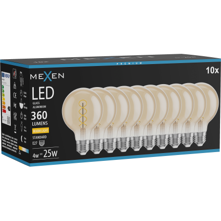 Mexen Vintis 10x LED spirál filament izzó E27, G80, 4W, Meleg - 2700K, 360 lm, borostyánsárga - L165-E27-0427-50x10