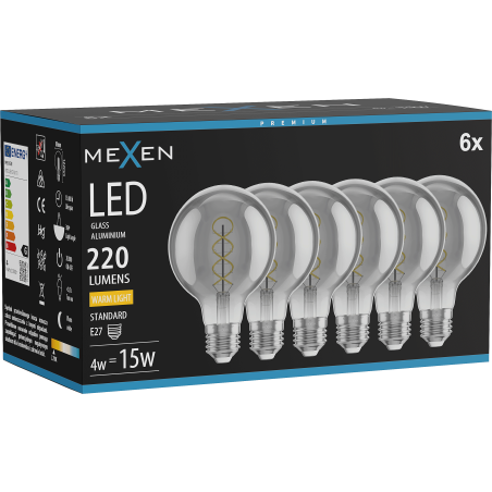Mexen Vintis 6x LED spirál filament izzó E27, G80, 4W, Meleg - 2700K, 220 lm, füstös - L165-E27-0427-70x06