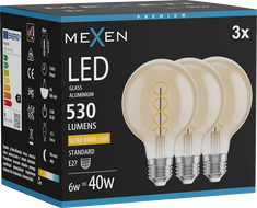 Mexen Vintis 3x filament spirál LED izzó E27, G80, 6W, Meleg - 2200K, 530 lm, borostyán - L165-E27-0622-50x03