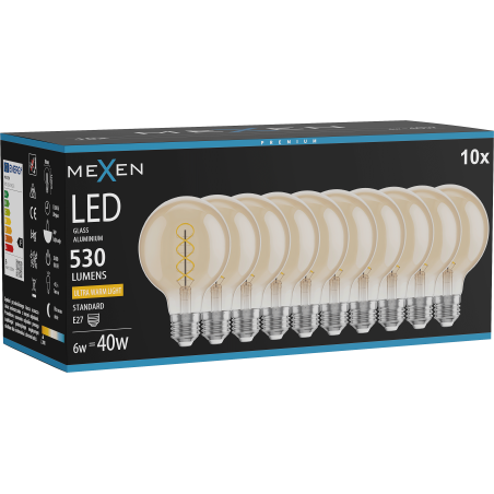 Mexen Vintis 10x Bec LED spirală filament E27, G80, 6W, Calda - 2200K, 530 lm, chihlimbar - L165-E27-0622-50x10