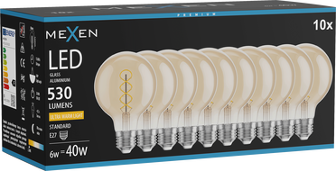 Mexen Vintis 10x LED spirál izzó E27, G80, 6W, Meleg - 2200K, 530 lm, borostyán - L165-E27-0622-50x10