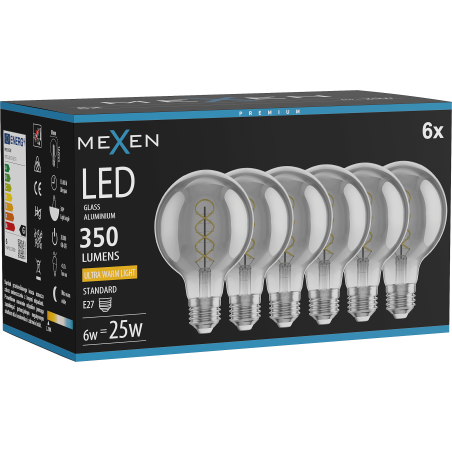 Mexen Vintis 6x Bec Filament Spirală LED E27, G80, 6W, Cald - 2200K, 350 lm, fumuriu - L165-E27-0622-70x06