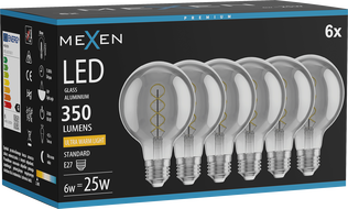 Mexen Vintis 6x LED filament izzólámpa, E27, G80, 6W, Meleg - 2200K, 350 lm, füstös - L165-E27-0622-70x06