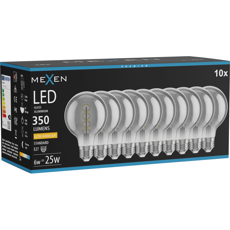 Mexen Vintis 10x LED filament spirál izzó E27, G80, 6W, Meleg - 2200K, 350 lm, füstös - L165-E27-0622-70x10
