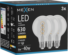 Mexen Vintis 3x LED spirál izzó E27, G80, 6W, Meleg - 2700K, 630 lm, átlátszó - L165-E27-0627-00x03