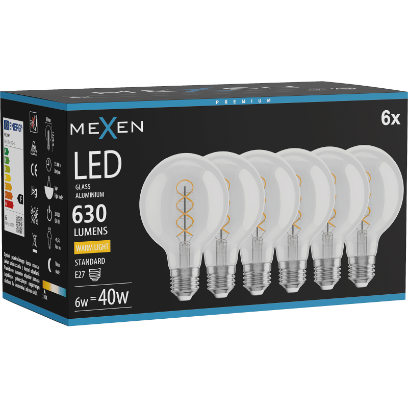 Mexen Vintis 6x Bec LED filament spirală E27, G80, 6W, Caldă - 2700K, 630 lm, clar - L165-E27-0627-00x06