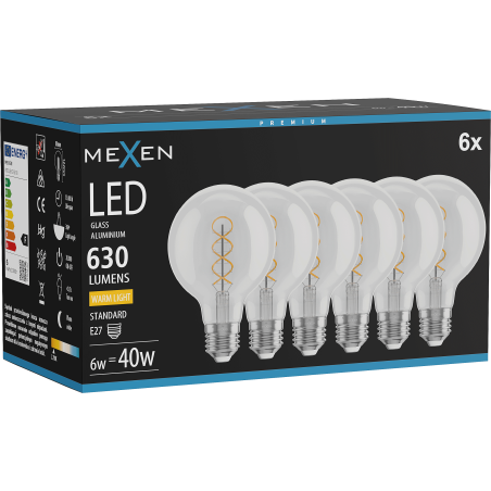 Mexen Vintis 6x LED filament spirál izzó E27, G80, 6W, Meleg - 2700K, 630 lm, tiszta - L165-E27-0627-00x06