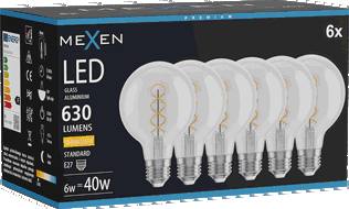 Mexen Vintis 6x Bec LED filament spirală E27, G80, 6W, Caldă - 2700K, 630 lm, clar - L165-E27-0627-00x06