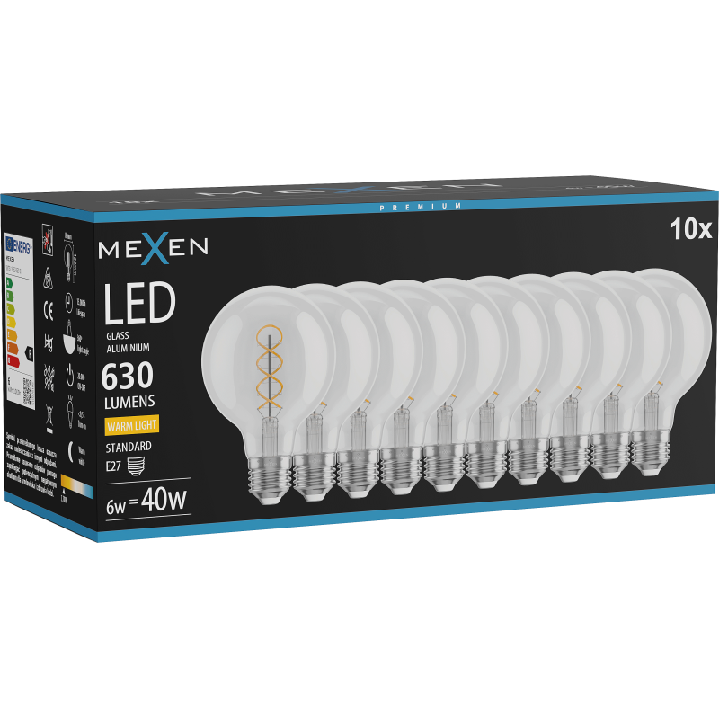 Mexen Vintis 10x LED izzószál spirál izzó E27, G80, 6W, Meleg - 2700K, 630 lm, átlátszó - L165-E27-0627-00x10