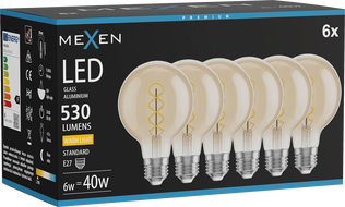 Mexen Vintis 6x LED filament spirál égő E27, G80, 6W, Meleg - 2700K, 530 lm, borostyán - L165-E27-0627-50x06
