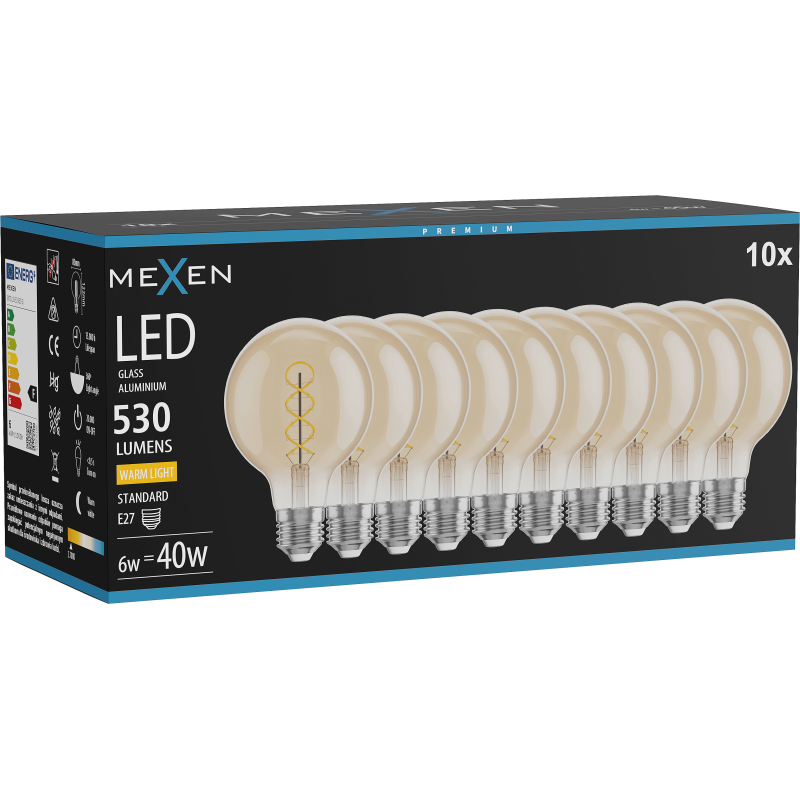 Mexen Vintis 10x Bec LED filament spirală E27, G80, 6W, Caldă - 2700K, 530 lm, chihlimbar - L165-E27-0627-50x10