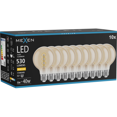 Mexen Vintis 10x Bec LED filament spirală E27, G80, 6W, Caldă - 2700K, 530 lm, chihlimbar - L165-E27-0627-50x10