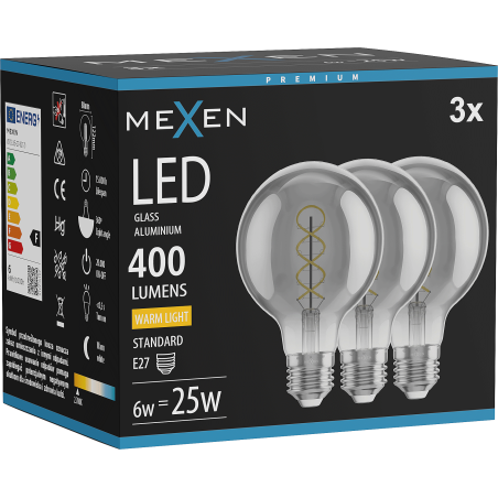 Mexen Vintis 3x LED izzószál spirál E27, G80, 6W, Meleg - 2700K, 400 lm, füstszínű - L165-E27-0627-70x03