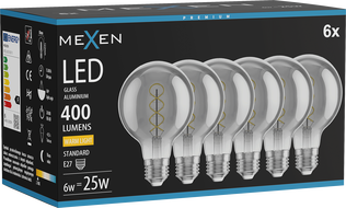 Mexen Vintis 6x LED filament spirál égő E27, G80, 6W, Meleg - 2700K, 400 lm, füst - L165-E27-0627-70x06