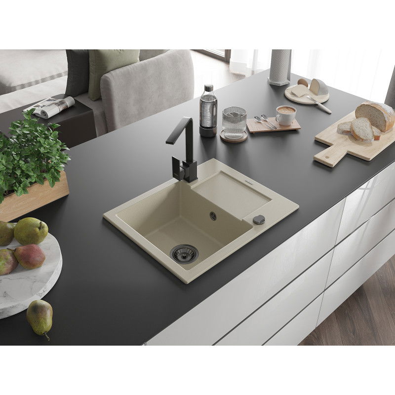 Mexen Enzo 1-medencés gránit mosogató csepegtetővel és Rita konyhai csapteleppel, bézs - 6506-69-670300-70