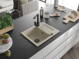 Mexen Enzo 1-medencés gránit mosogató csepegtetővel és Rita konyhai csapteleppel, bézs - 6506-69-670300-70