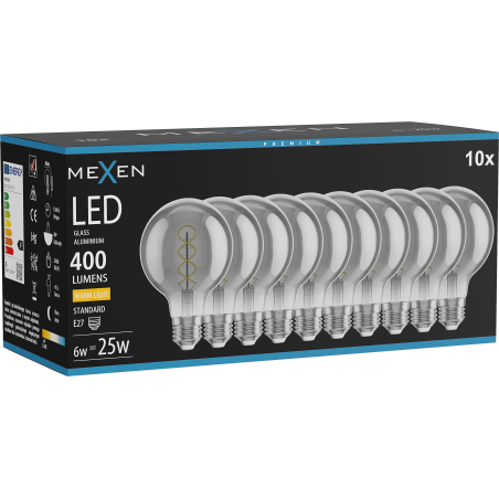 Mexen Vintis 10x LED filament izzólámpa spirál E27, G80, 6W, Meleg - 2700K, 400 lm, füstszínű - L165-E27-0627-70x10