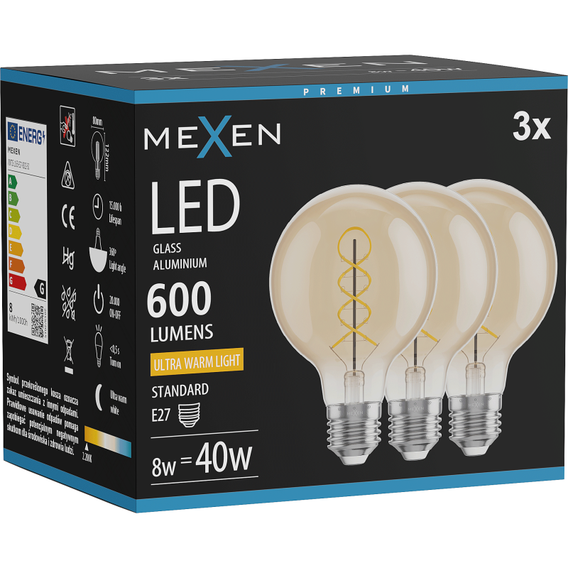 Mexen Vintis 3x LED spirál filament izzó E27, G80, 8W, Meleg - 2200K, 600 lm, borostyán - L165-E27-0822-50x03