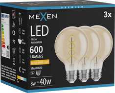 Mexen Vintis 3x LED spirál filament izzó E27, G80, 8W, Meleg - 2200K, 600 lm, borostyán - L165-E27-0822-50x03