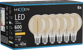 Mexen Vintis 6x Filament spirál LED izzó E27, G80, 8W, Meleg - 2200K, 600 lm, borostyán - L165-E27-0822-50x06