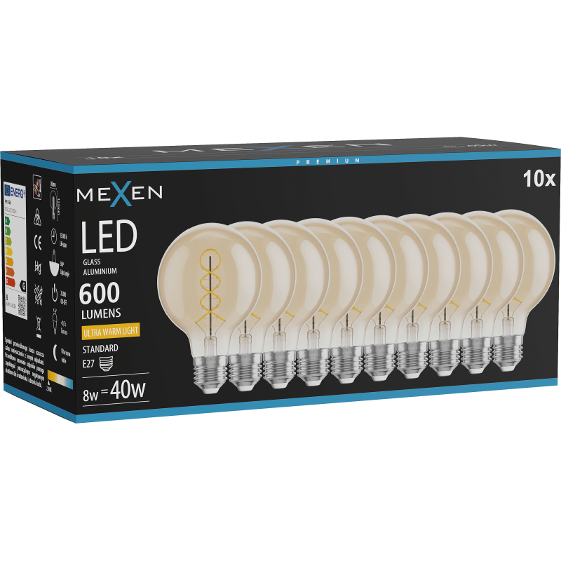 Mexen Vintis 10x LED E27 spirál filament izzó, G80, 8W, Meleg - 2200K, 600 lm, borostyán - L165-E27-0822-50x10