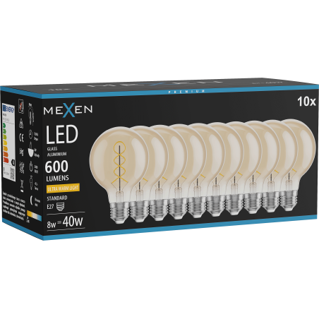 Mexen Vintis 10x LED E27 spirál filament izzó, G80, 8W, Meleg - 2200K, 600 lm, borostyán - L165-E27-0822-50x10