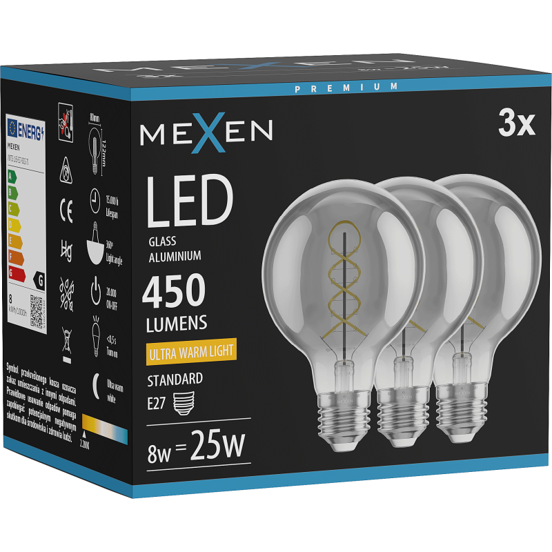 Mexen Vintis 3x Bec LED filament spirală E27, G80, 8W, Caldă - 2200K, 450 lm, fumurie - L165-E27-0822-70x03