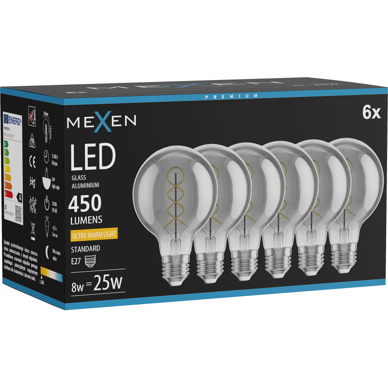 Mexen Vintis 6x Bec cu filament spirală LED E27, G80, 8W, Caldă - 2200K, 450 lm, fumuriu - L165-E27-0822-70x06