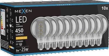 Mexen Vintis 10x Bec filament spirală LED E27, G80, 8W, Caldă - 2200K, 450 lm, fumuriu - L165-E27-0822-70x10
