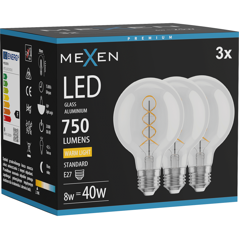 Mexen Vintis 3x LED izzólámpa spirál filament, E27, G80, 8W, Meleg - 2700K, 750 lm, átlátszó - L165-E27-0827-00x03