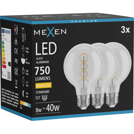 Mexen Vintis 3x LED izzólámpa spirál filament, E27, G80, 8W, Meleg - 2700K, 750 lm, átlátszó - L165-E27-0827-00x03
