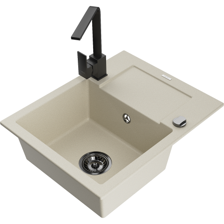 Mexen Enzo chiuvetă din granit cu 1 cameră cu picurător și baterie de bucătărie Rita, bej - 6506-69-670300-70
