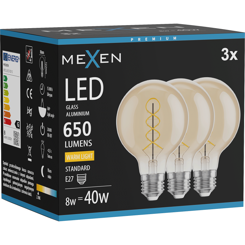 Mexen Vintis 3x Filament spirál LED izzó E27, G80, 8W, Meleg - 2700K, 650 lm, borostyán - L165-E27-0827-50x03