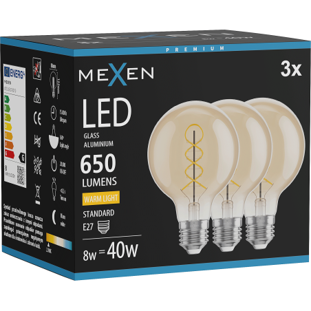 Mexen Vintis 3x Bec luminoză filament spirală LED E27, G80, 8W, Caldă - 2700K, 650 lm, chihlimbar - L165-E27-0827-50x03