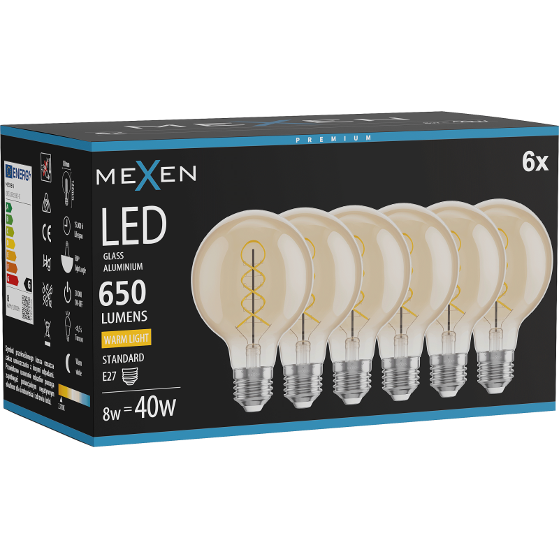 Mexen Vintis 6x Bec LED filament spirală E27, G80, 8W, Caldă - 2700K, 650 lm, chihlimbar - L165-E27-0827-50x06