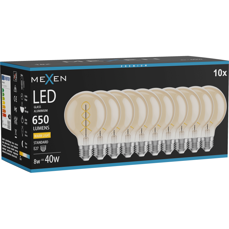 Mexen Vintis 10x LED filament spirál égő E27, G80, 8W, Meleg - 2700K, 650 lm, borostyán - L165-E27-0827-50x10